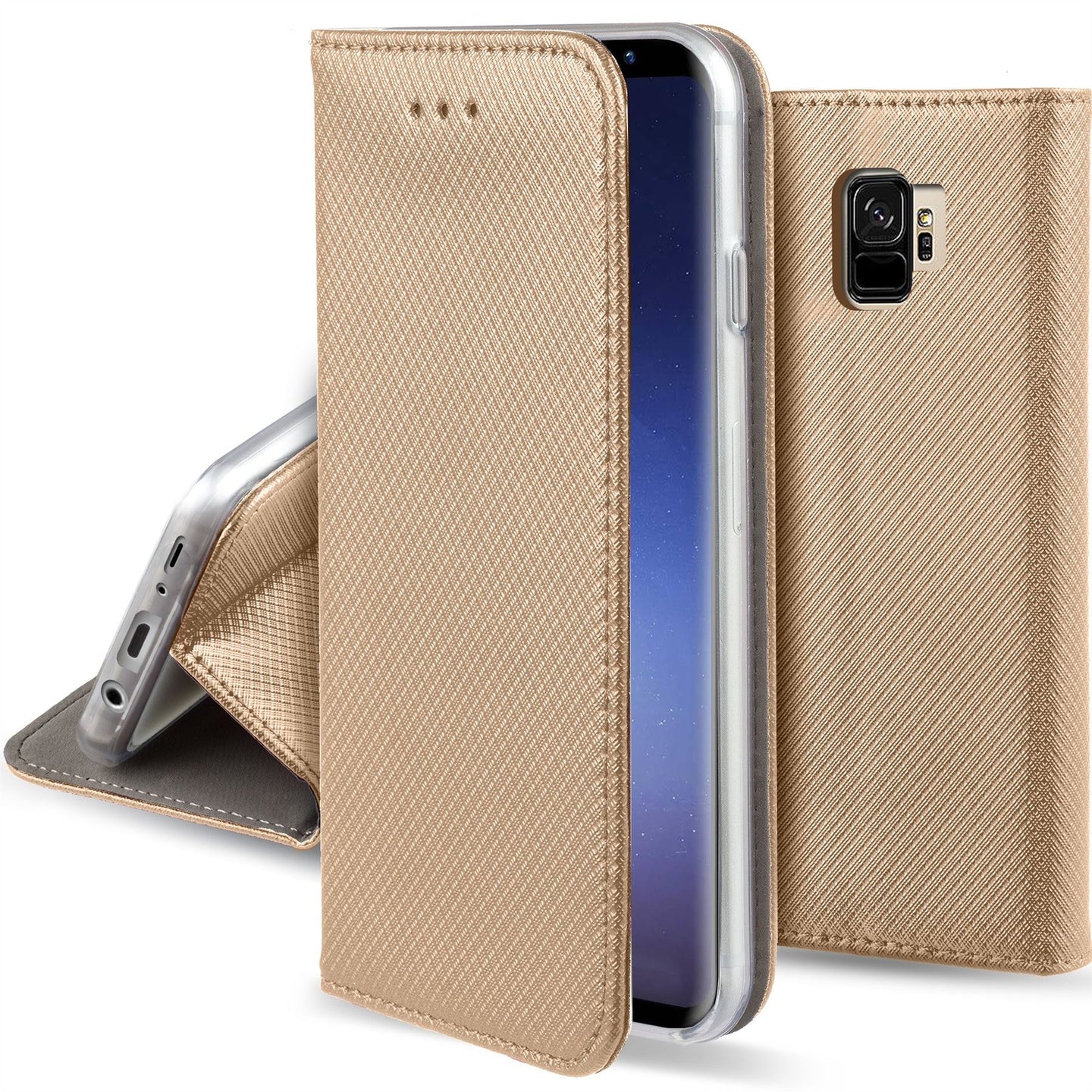 Moozy Case Flip Cover for Samsung S9, Gold - Smart Magnetic Flip Case with Card Holder and Stand