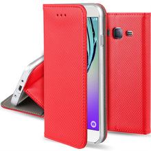 Carica l&#39;immagine nel visualizzatore di Gallery, Moozy Case Flip Cover for Samsung J3 2016, Red - Smart Magnetic Flip Case with Card Holder and Stand
