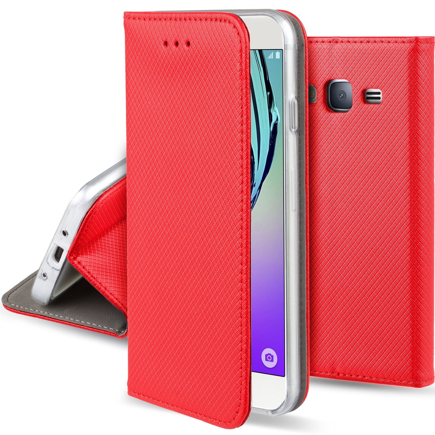 Moozy Case Flip Cover for Samsung J3 2016, Red - Smart Magnetic Flip Case with Card Holder and Stand