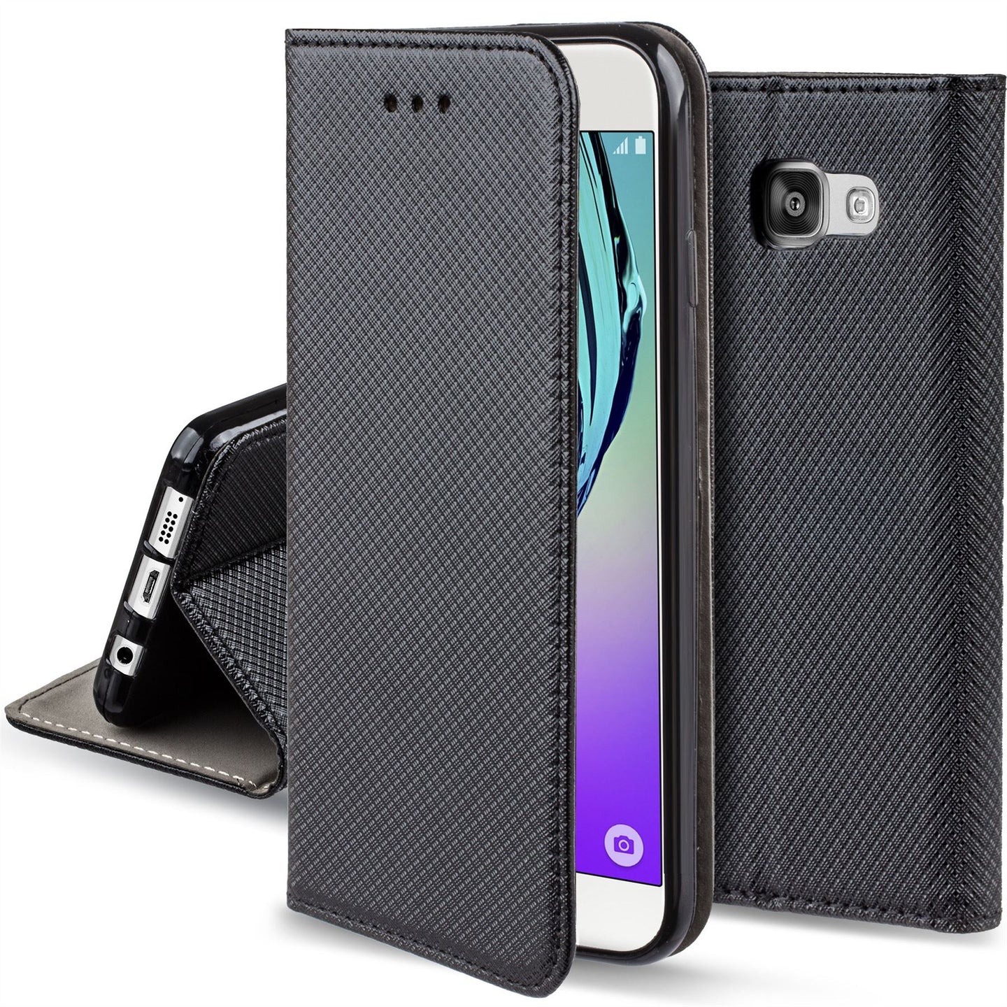 Moozy Case Flip Cover for Samsung A5 2016, Black - Smart Magnetic Flip Case with Card Holder and Stand