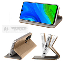 Załaduj obraz do przeglądarki galerii, Moozy Case Flip Cover for Huawei P Smart 2020, Gold - Smart Magnetic Flip Case with Card Holder and Stand
