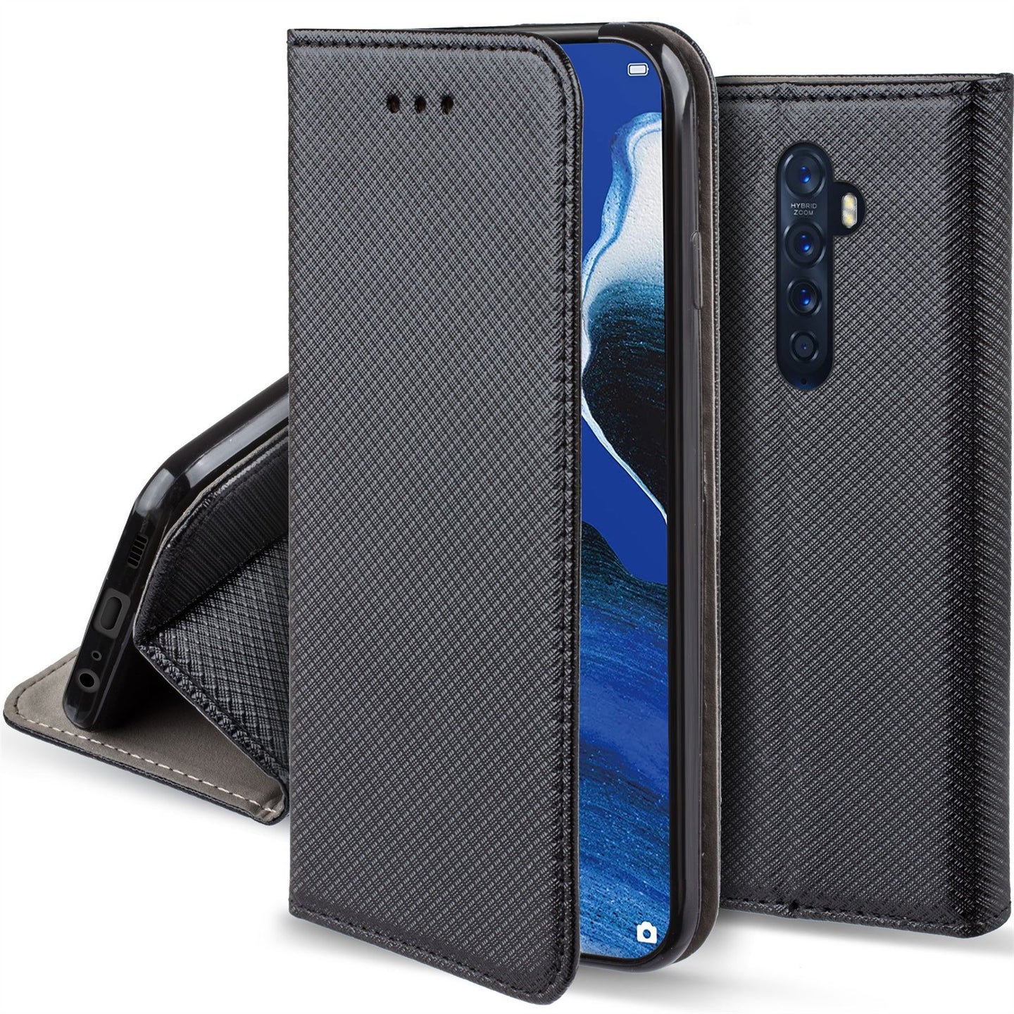 Moozy Case Flip Cover for Oppo Reno 2, Black - Smart Magnetic Flip Case with Card Holder and Stand