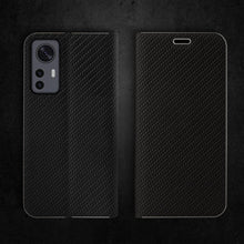 Carica l&#39;immagine nel visualizzatore di Gallery, Moozy Wallet Case for Xiaomi 12 and Xiaomi 12X, Black Carbon - Flip Case with Metallic Border Design Magnetic Closure Flip Cover with Card Holder and Kickstand Function
