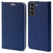 Ladda upp bild till gallerivisning, Moozy Wallet Case for Samsung S21 5G and 4G, Dark Blue Carbon – Flip Case with Metallic Border Design Magnetic Closure Flip Cover with Card Holder and Kickstand Function
