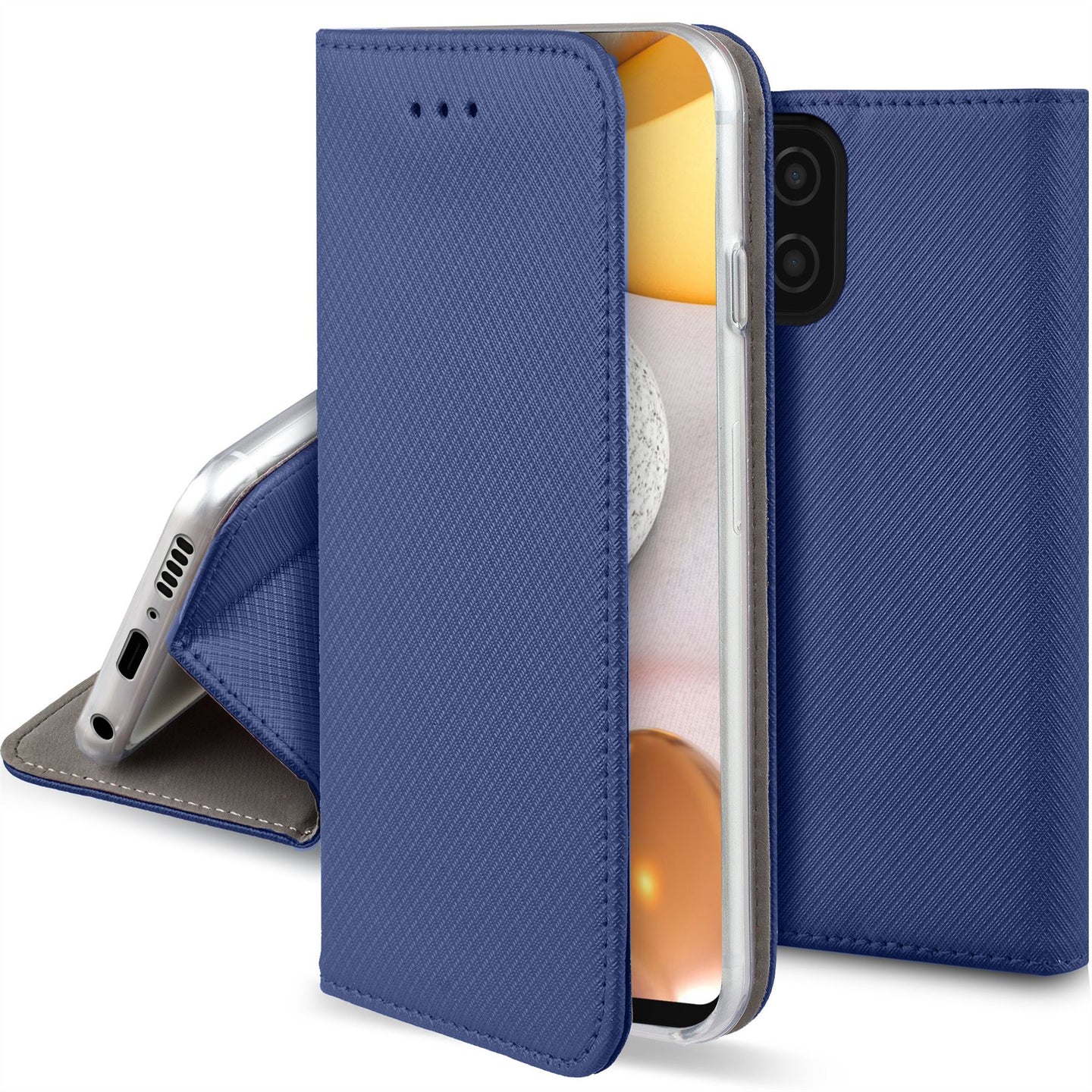 Moozy Case Flip Cover for Samsung A42 5G, Dark Blue - Smart Magnetic Flip Case with Card Holder and Stand