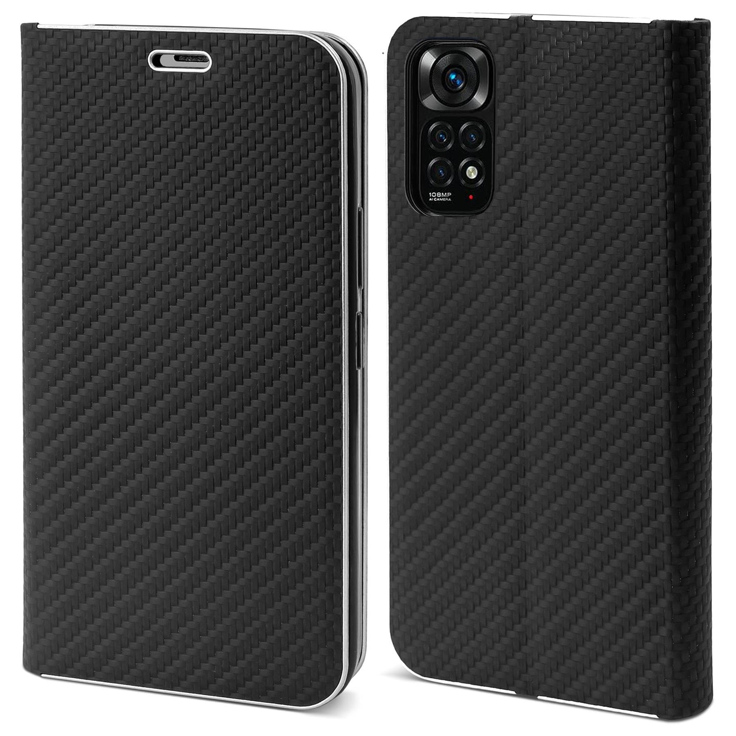 Moozy Wallet Case for Xiaomi Redmi Note 11 / 11S, Black Carbon - Flip Case with Metallic Border Design Magnetic Closure Flip Cover with Card Holder and Kickstand Function