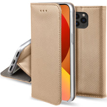 Lade das Bild in den Galerie-Viewer, Moozy Case Flip Cover for iPhone 13 Pro, Gold - Smart Magnetic Flip Case Flip Folio Wallet Case with Card Holder and Stand, Credit Card Slots10,99
