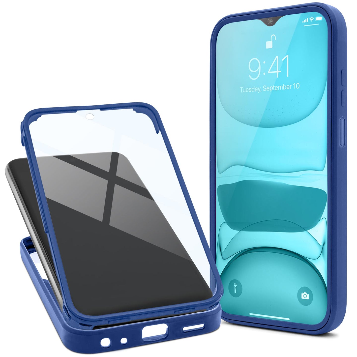 Moozy 360 Case for Samsung A22 5G - Blue Rim Transparent Case, Full Body Double-sided Protection, Cover with Built-in Screen Protector