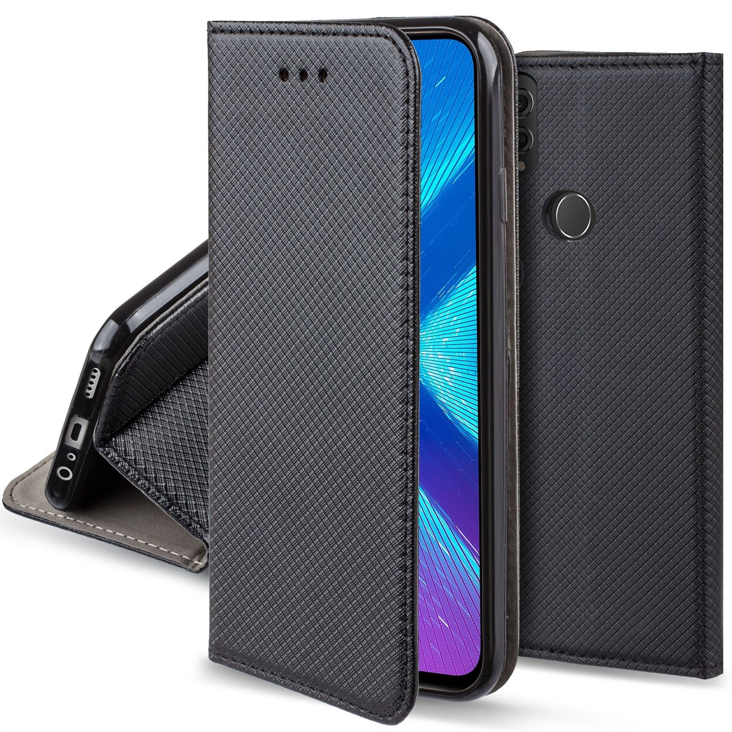 Moozy Case Flip Cover for Huawei Honor 8X, Black - Smart Magnetic Flip Case with Card Holder and Stand