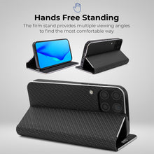 Cargar imagen en el visor de la galería, Moozy Wallet Case for Huawei P40 Lite, Black Carbon – Metallic Edge Protection Magnetic Closure Flip Cover with Card Holder
