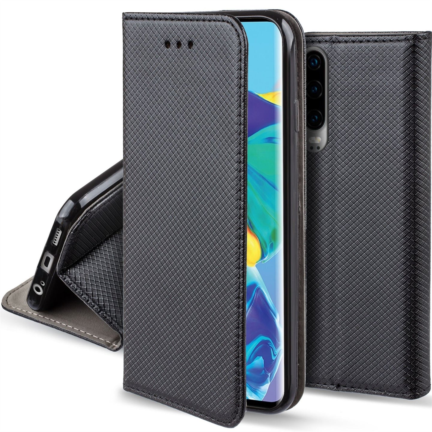Moozy Case Flip Cover for Huawei P30, Black - Smart Magnetic Flip Case with Card Holder and Stand