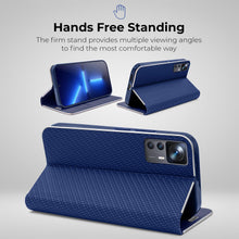 Lade das Bild in den Galerie-Viewer, Moozy Wallet Case for Xiaomi 12T and 12T Pro, Dark Blue Carbon - Flip Case with Metallic Border Design Magnetic Closure Flip Cover with Card Holder and Kickstand Function
