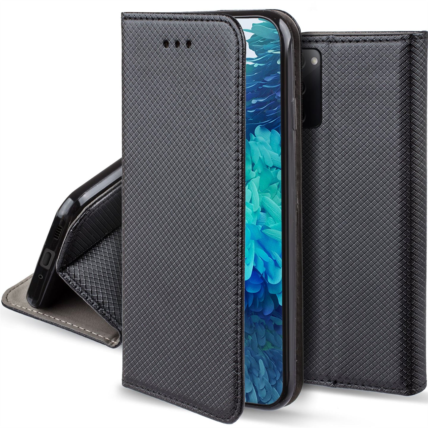 Moozy Case Flip Cover for Samsung S20 FE, Black - Smart Magnetic Flip Case with Card Holder and Stand