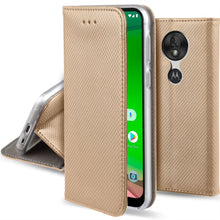 Load image into Gallery viewer, Moozy Case Flip Cover for Motorola Moto G7 Play, Gold - Smart Magnetic Flip Case with Card Holder and Stand
