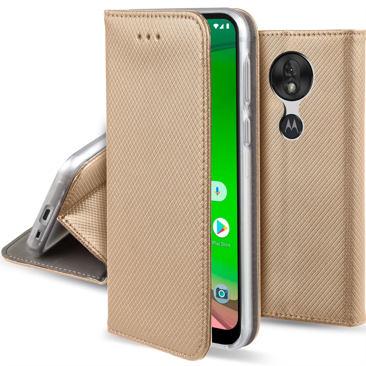 Moozy Case Flip Cover for Motorola Moto G7 Play, Gold - Smart Magnetic Flip Case with Card Holder and Stand