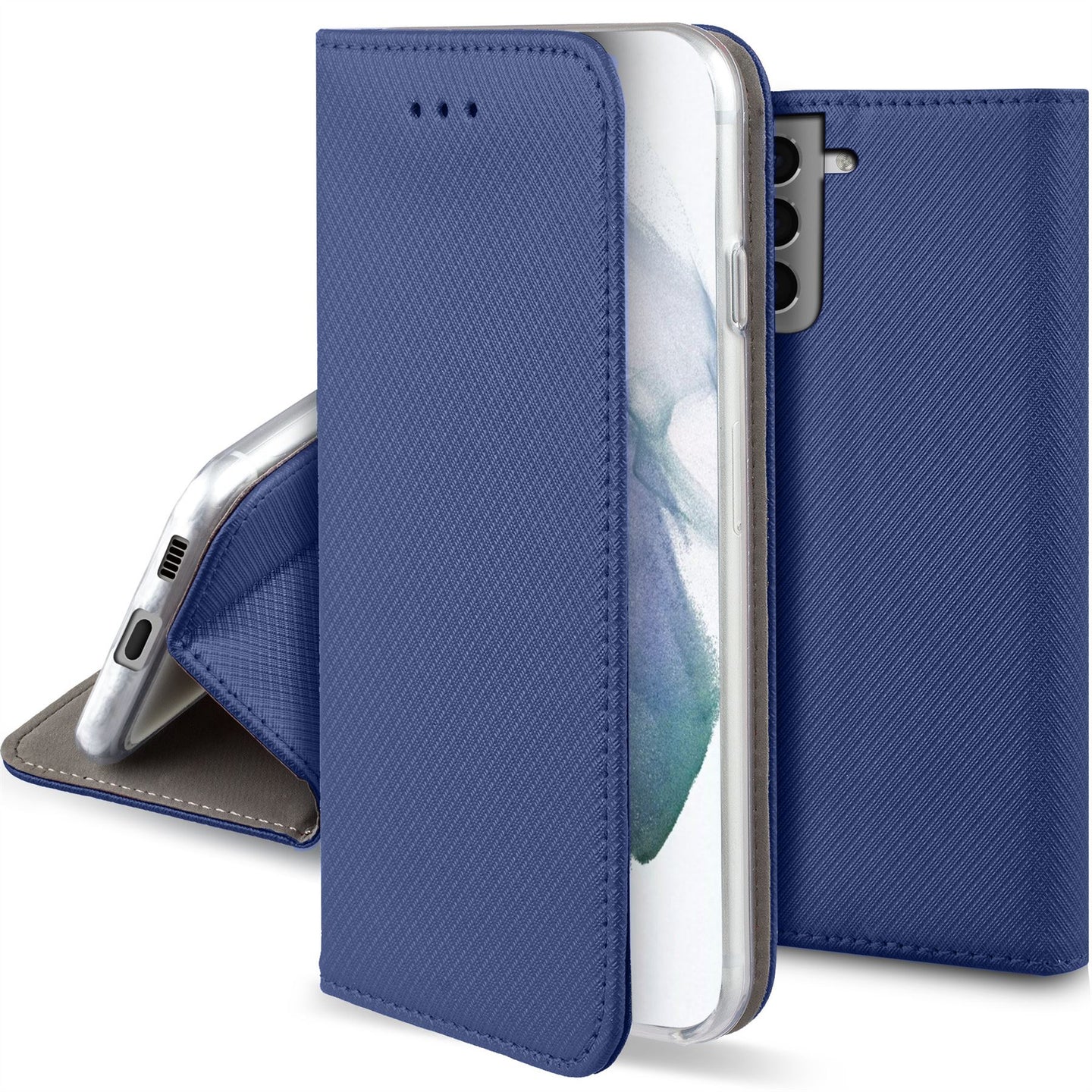 Moozy Case Flip Cover for Samsung S21 5G, Samsung S21, Dark Blue - Smart Magnetic Flip Case with Card Holder and Stand