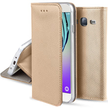 Carica l&#39;immagine nel visualizzatore di Gallery, Moozy Case Flip Cover for Samsung J3 2016, Gold - Smart Magnetic Flip Case with Card Holder and Stand
