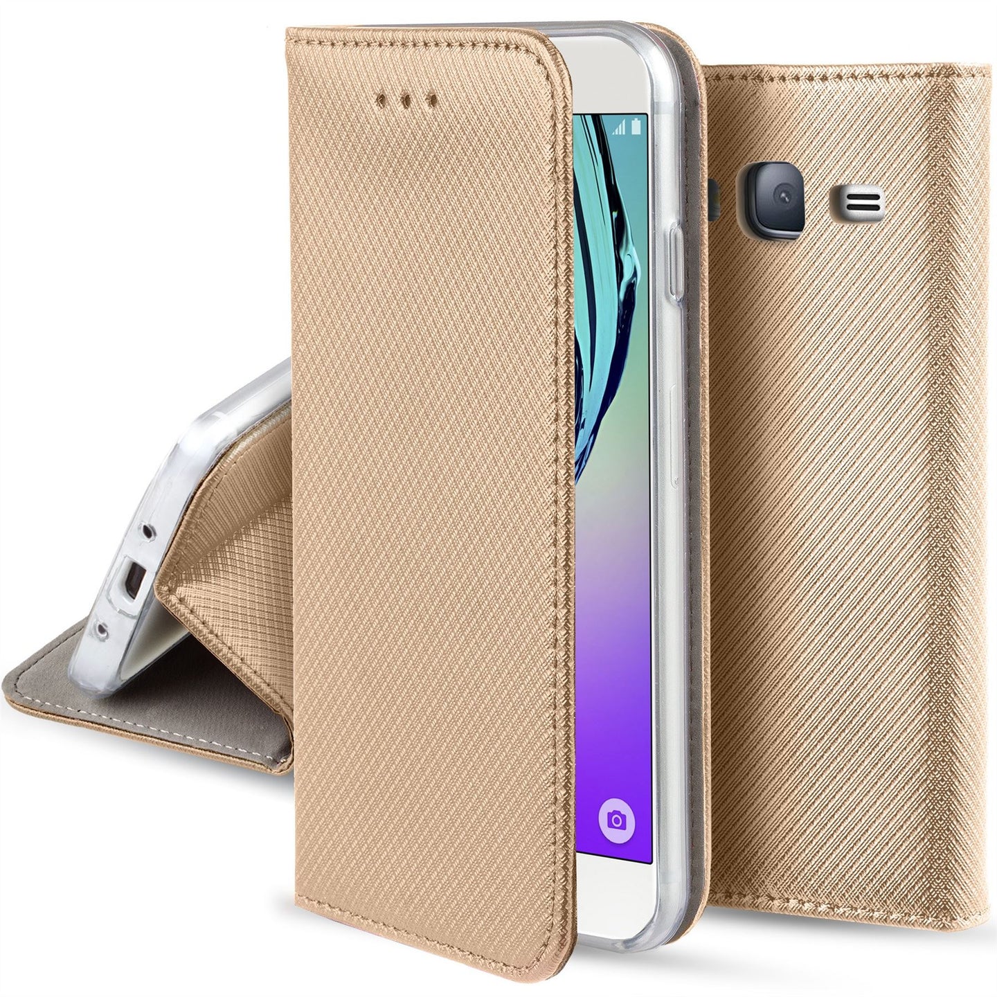 Moozy Case Flip Cover for Samsung J3 2016, Gold - Smart Magnetic Flip Case with Card Holder and Stand