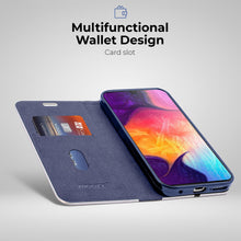 Załaduj obraz do przeglądarki galerii, Moozy Wallet Case for Samsung A50, Dark Blue Carbon – Metallic Edge Protection Magnetic Closure Flip Cover with Card Holder
