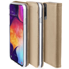 Lade das Bild in den Galerie-Viewer, Moozy Case Flip Cover for Samsung A50, Gold - Smart Magnetic Flip Case with Card Holder and Stand
