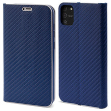 Lade das Bild in den Galerie-Viewer, Moozy Wallet Case für Samsung S10 Lite, Dark Blue Carbon – Metallischer Kantenschutz Magnetverschluss Flip Cover mit Kartenhalter
