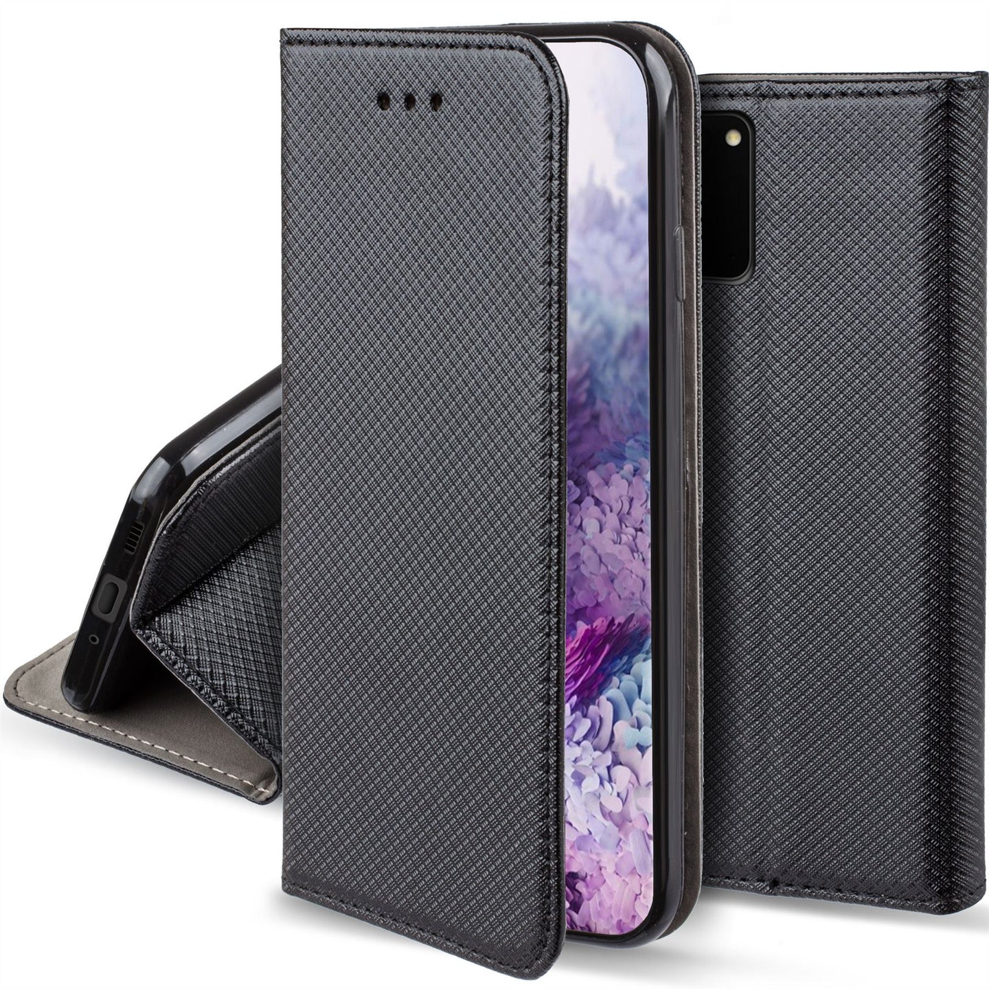 Moozy Case Flip Cover for Samsung S20 Plus, Black - Smart Magnetic Flip Case with Card Holder and Stand