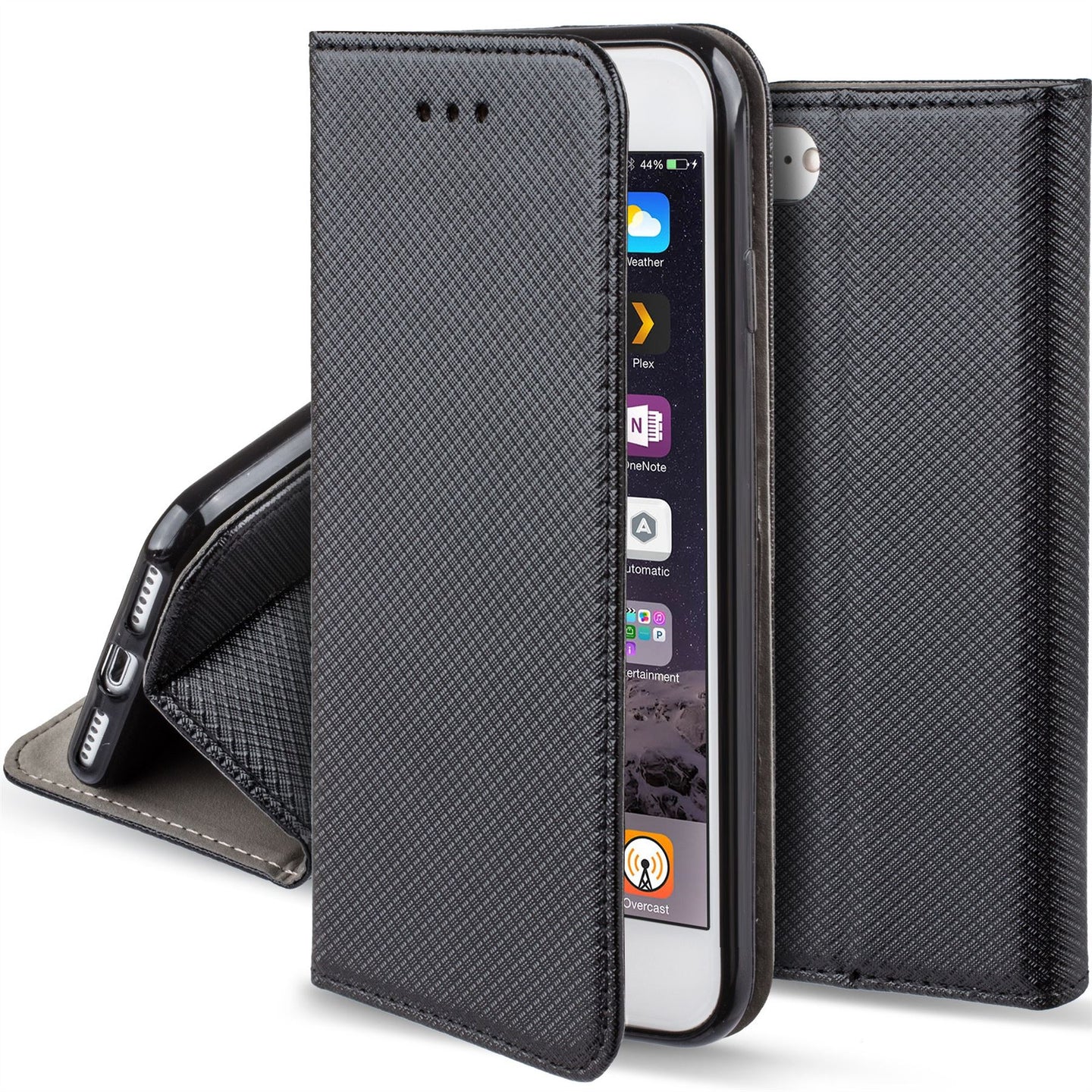 Moozy Case Flip Cover for iPhone SE, iPhone 5s, Black - Smart Magnetic Flip Case with Card Holder and Stand