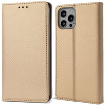 Carica l&#39;immagine nel visualizzatore di Gallery, Moozy Case Flip Cover for iPhone 14 Pro, Gold - Smart Magnetic Flip Case Flip Folio Wallet Case with Card Holder and Stand, Credit Card Slots, Kickstand Function
