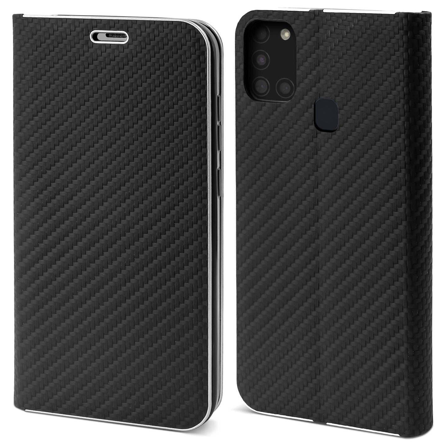 Moozy Wallet Case für Samsung A21s, Black Carbon – Metallischer Kantenschutz Magnetverschluss Flip Cover mit Kartenhalter
