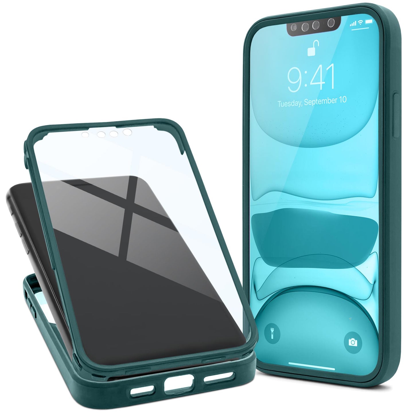 Moozy 360 Case for iPhone 14 - Green Rim Transparent Case, Full Body Double-sided Protection, Cover with Built-in Screen Protector