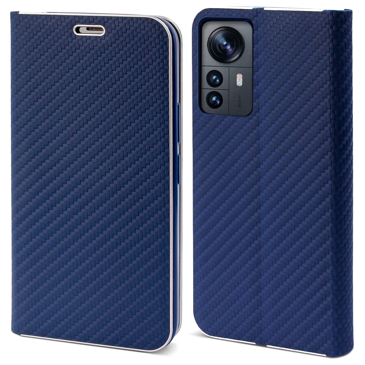 Moozy Wallet Case for Xiaomi 12 Pro, Dark Blue Carbon - Flip Case with Metallic Border Design Magnetic Closure Flip Cover with Card Holder and Kickstand Function