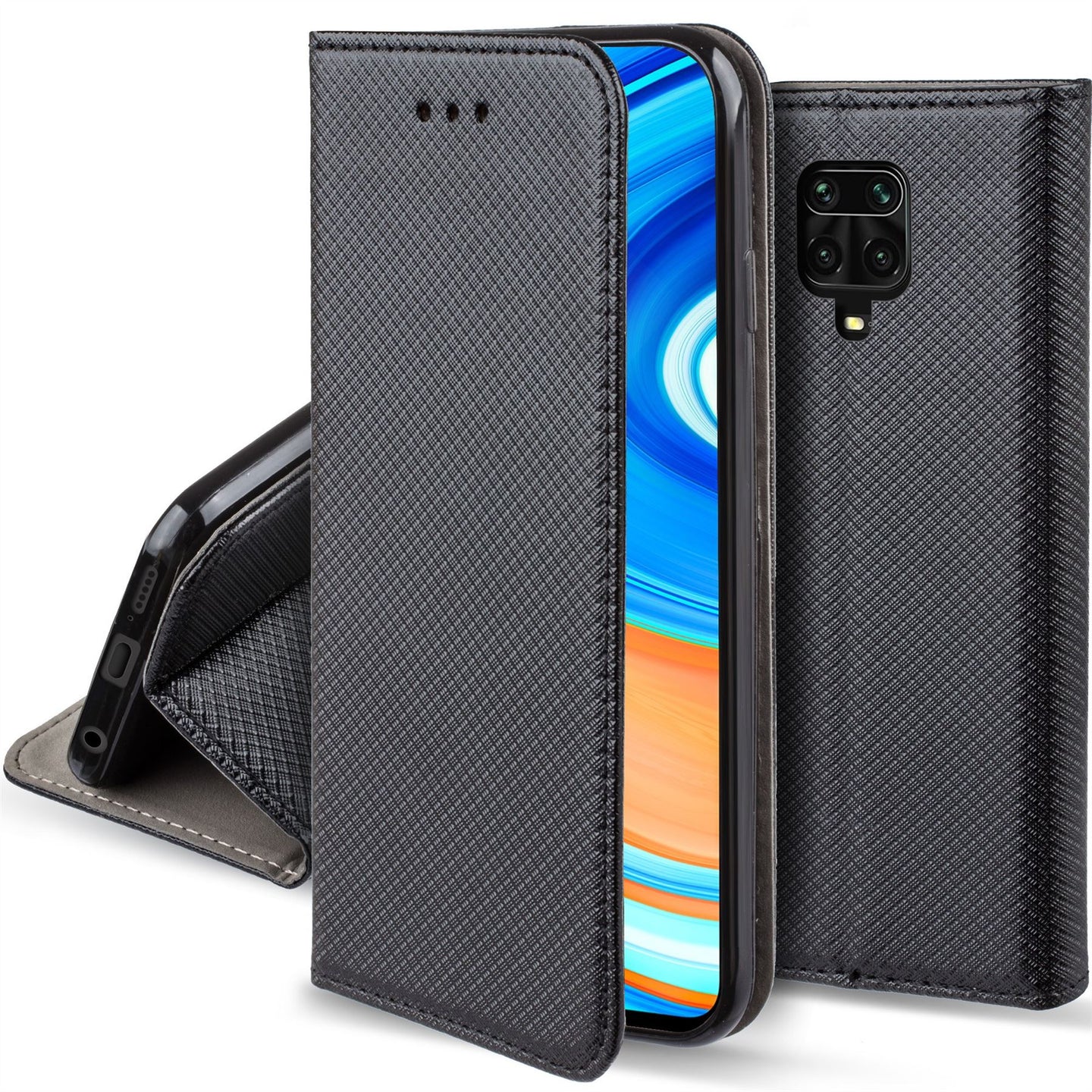 Moozy Case Flip Cover for Xiaomi Redmi Note 9S and Xiaomi Redmi Note 9 Pro, Black - Smart Magnetic Flip Case with Card Holder and Stand