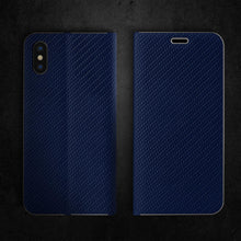 Charger l&#39;image dans la galerie, Moozy Wallet Case for iPhone X, iPhone XS, Dark Blue Carbon – Metallic Edge Protection Magnetic Closure Flip Cover with Card Holder
