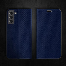 Załaduj obraz do przeglądarki galerii, Moozy Wallet Case for Samsung S21 5G and 4G, Dark Blue Carbon – Flip Case with Metallic Border Design Magnetic Closure Flip Cover with Card Holder and Kickstand Function
