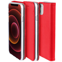 Lade das Bild in den Galerie-Viewer, Moozy Case Flip Cover for iPhone 12, iPhone 12 Pro, Red - Smart Magnetic Flip Case with Card Holder and Stand
