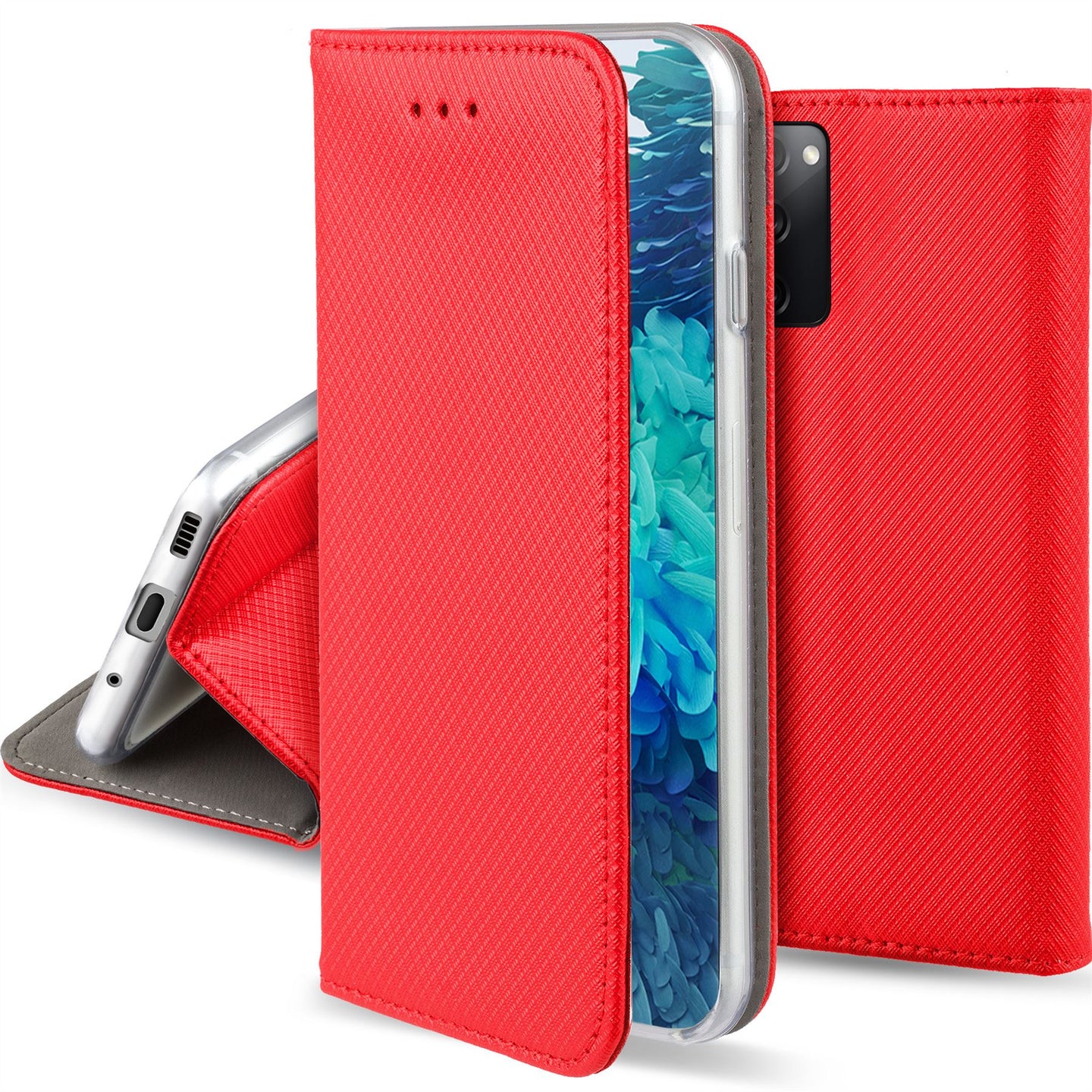 Moozy Case Flip Cover for Samsung S20 FE, Red - Smart Magnetic Flip Case with Card Holder and Stand