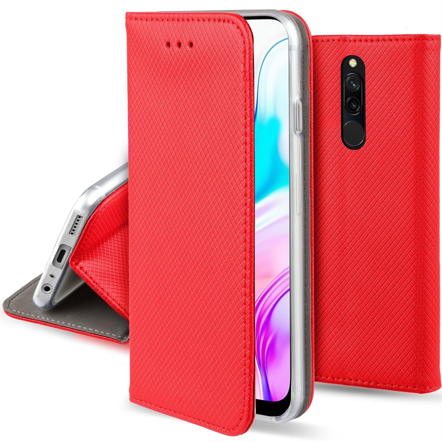 Moozy Case Flip Cover for Xiaomi Redmi 8, Red - Smart Magnetic Flip Case with Card Holder and Stand