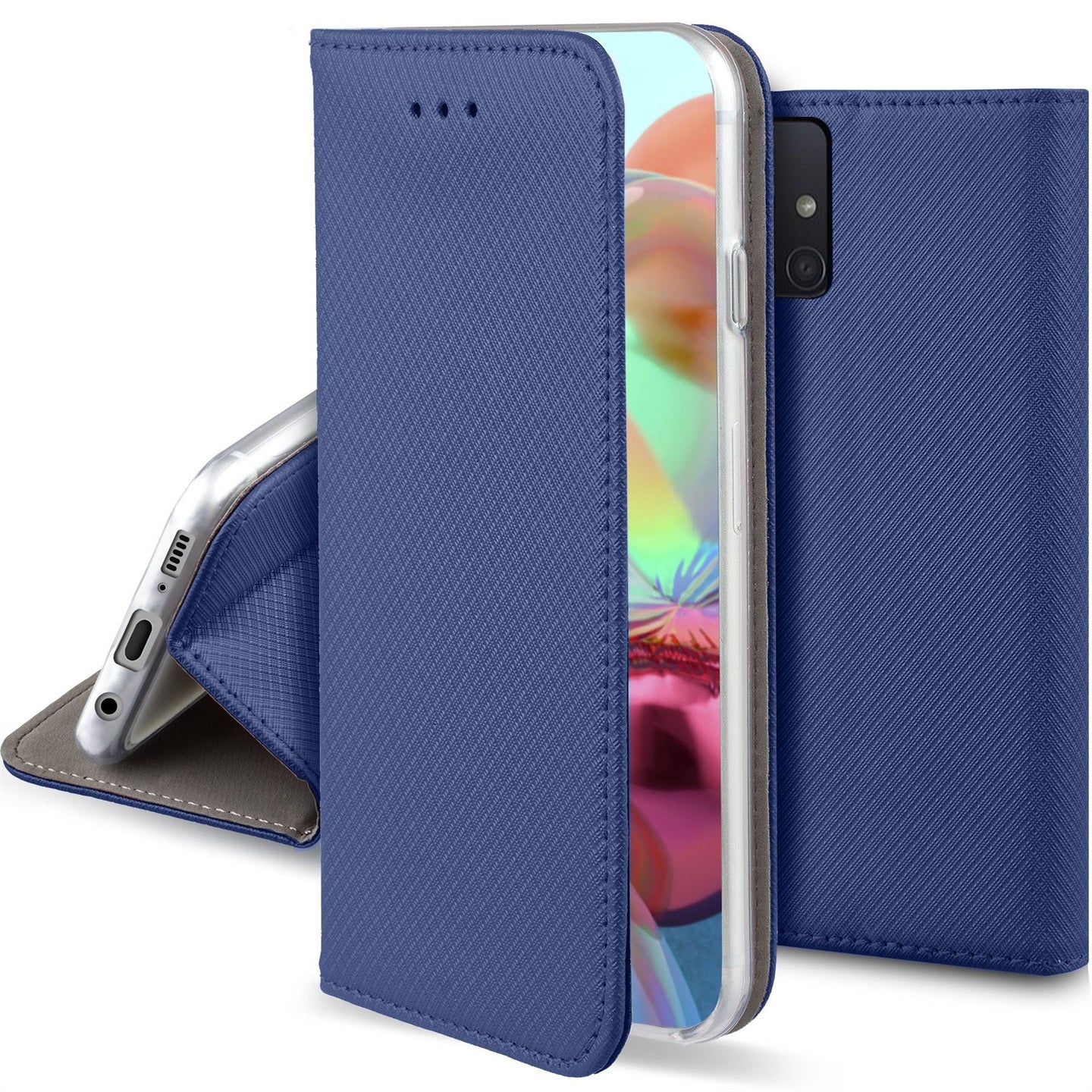 Moozy Case Flip Cover for Samsung A71, Dark Blue - Smart Magnetic Flip Case with Card Holder and Stand