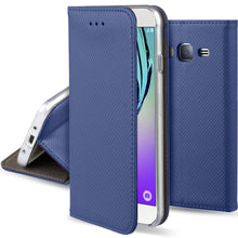 Ladda upp bild till gallerivisning, Moozy Case Flip Cover for Samsung J3 2016, Dark Blue - Smart Magnetic Flip Case with Card Holder and Stand
