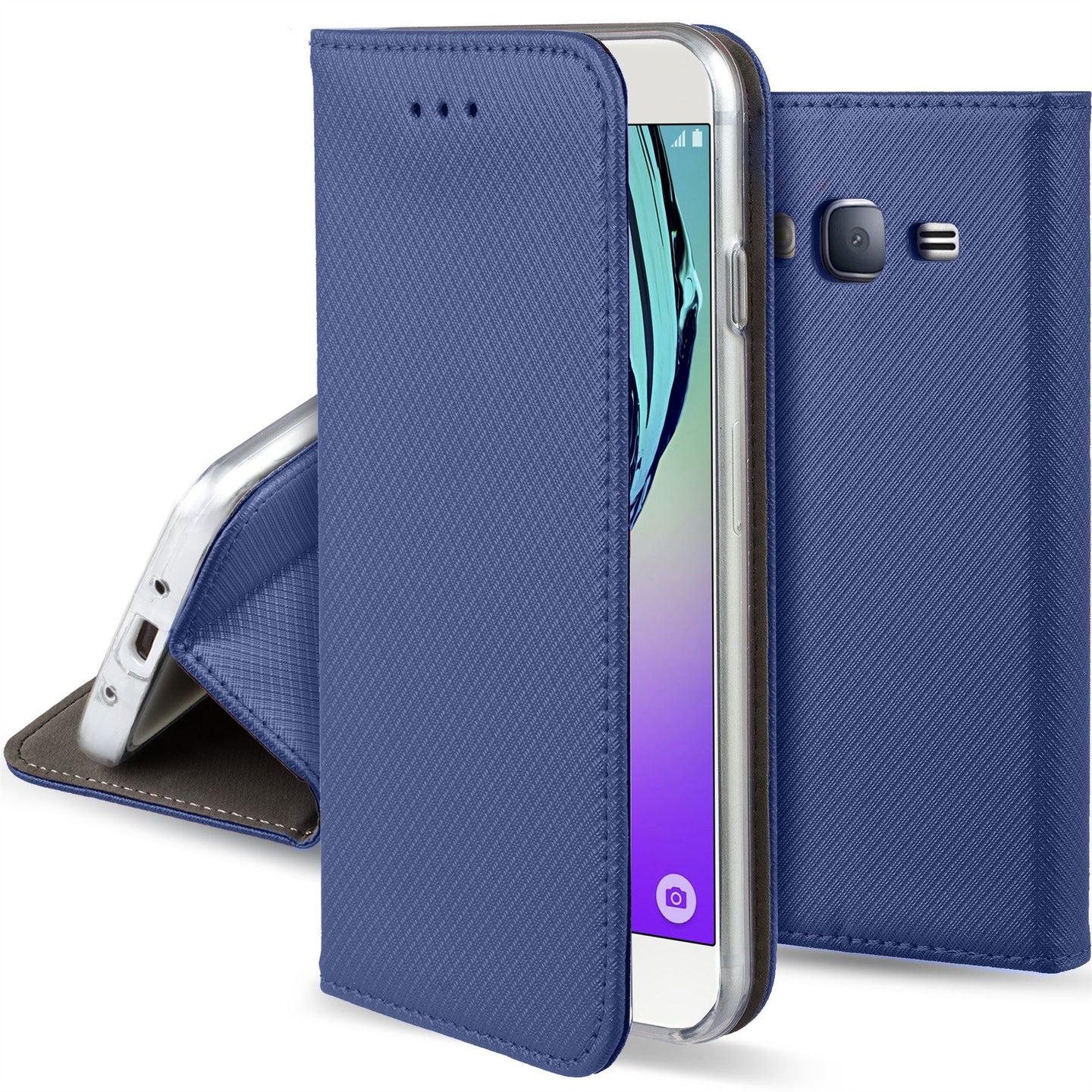 Moozy Case Flip Cover for Samsung J3 2016, Dark Blue - Smart Magnetic Flip Case with Card Holder and Stand