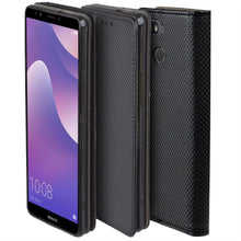 Afbeelding in Gallery-weergave laden, Moozy Case Flip Cover for Huawei Y7 Prime 2018, Huawei Nova 2 Lite, Black - Smart Magnetic Flip Case with Card Holder and Stand
