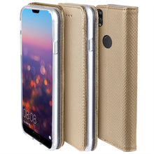 Charger l&#39;image dans la galerie, Moozy Case Flip Cover for Huawei P20 Lite, Gold - Smart Magnetic Flip Case with Card Holder and Stand
