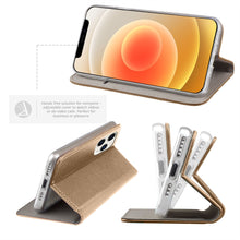 Cargar imagen en el visor de la galería, Moozy Case Flip Cover for iPhone 12 Pro Max, Gold - Smart Magnetic Flip Case with Card Holder and Stand
