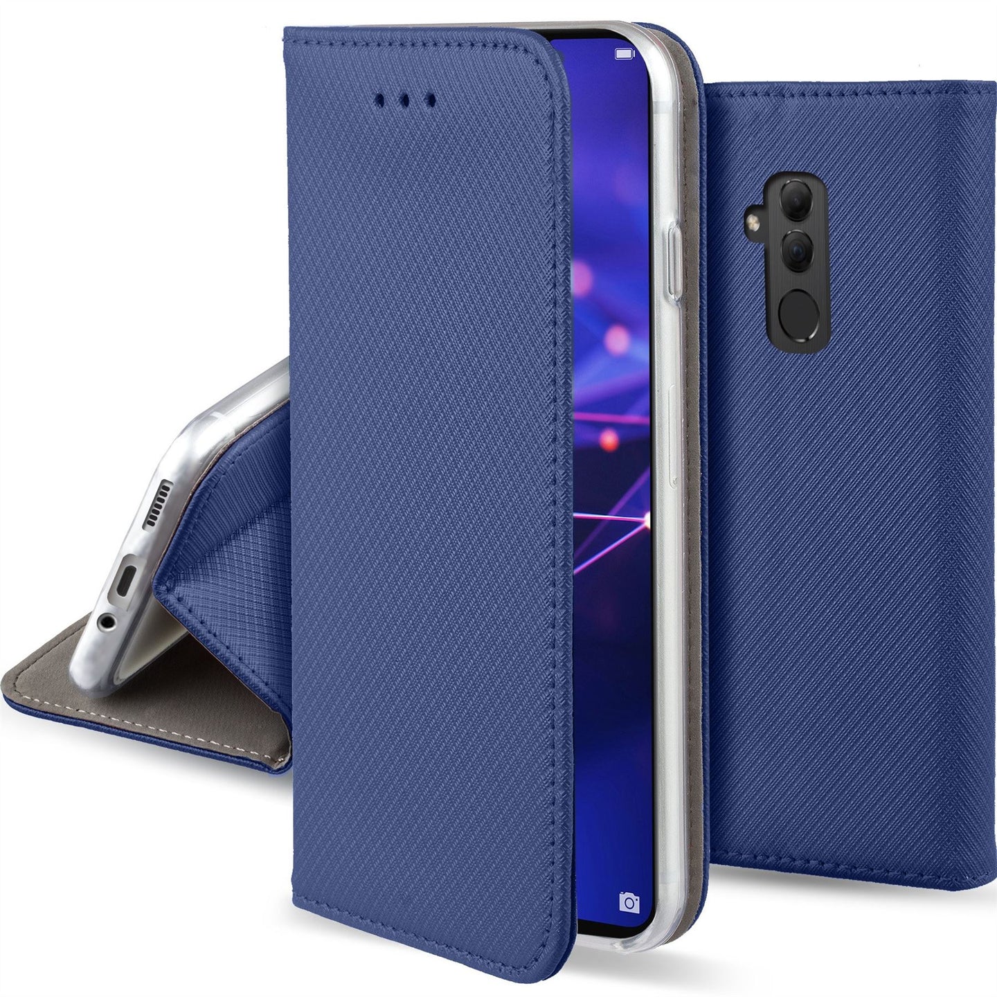 Moozy Case Flip Cover for Huawei Mate 20 Lite, Dark Blue - Smart Magnetic Flip Case with Card Holder and Stand