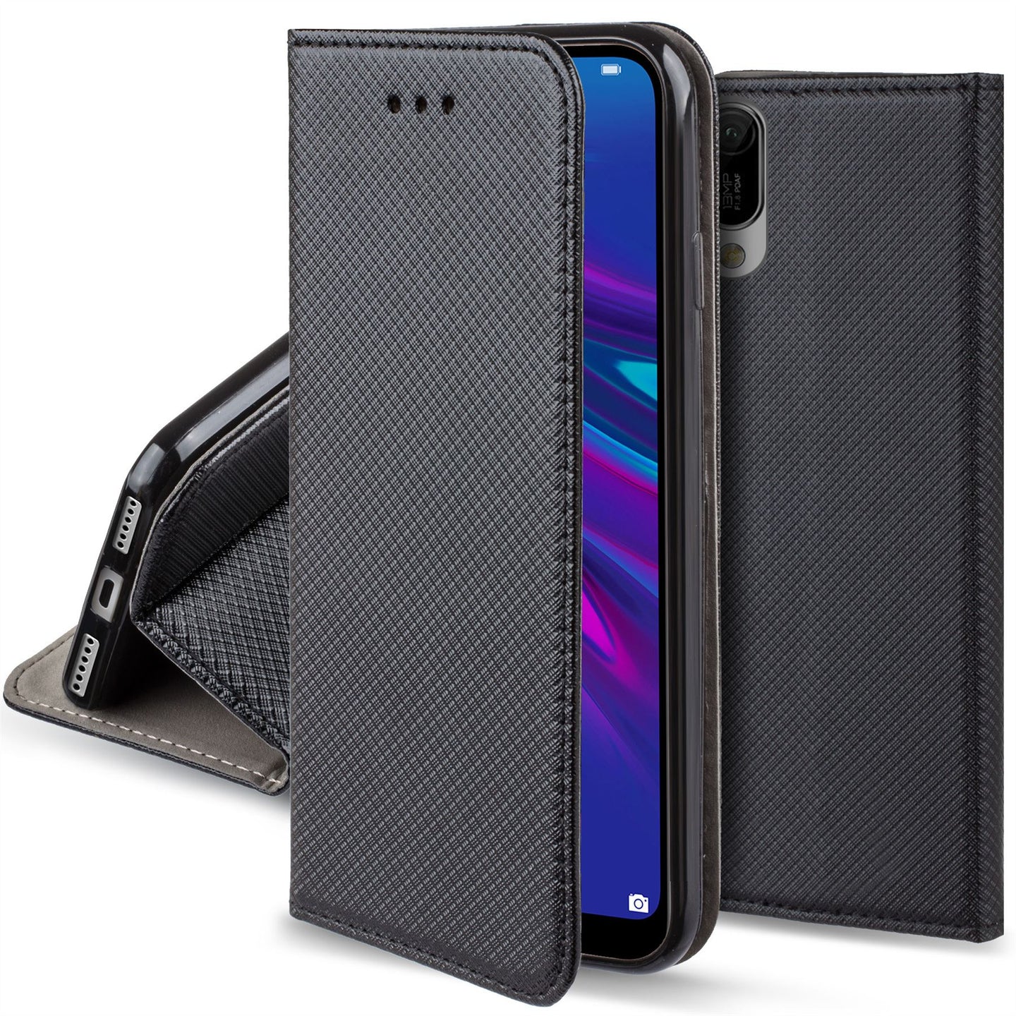 Moozy Case Flip Cover for Huawei Y6 2019, Black - Smart Magnetic Flip Case with Card Holder and Stand