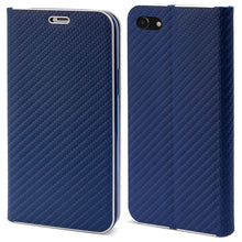 Załaduj obraz do przeglądarki galerii, Moozy Wallet Case for iPhone SE 2020, iPhone 7, iPhone 8, Dark Blue Carbon - Metallic Edge Protection Magnetic Closure Flip Cover with Card Holder
