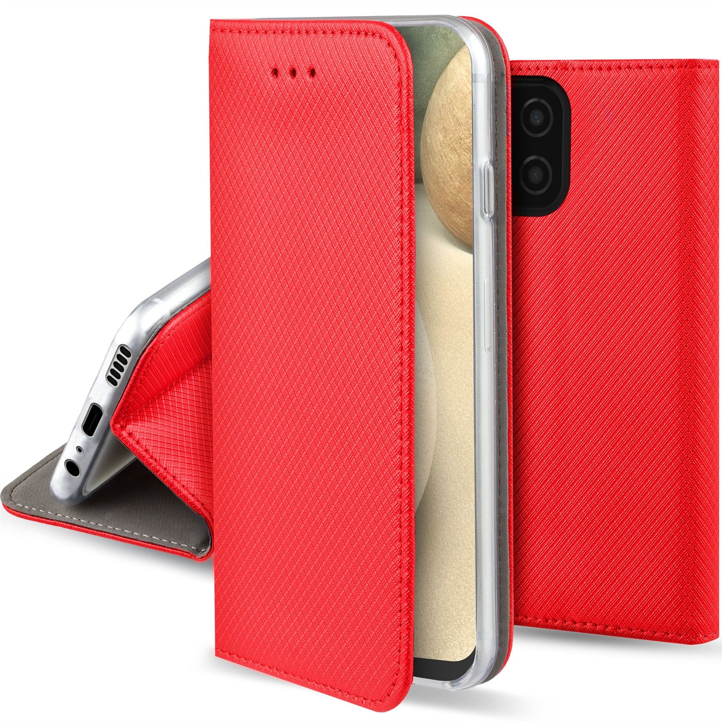Moozy Case Flip Cover for Samsung A12, Red - Smart Magnetic Flip Case with Card Holder and Stand