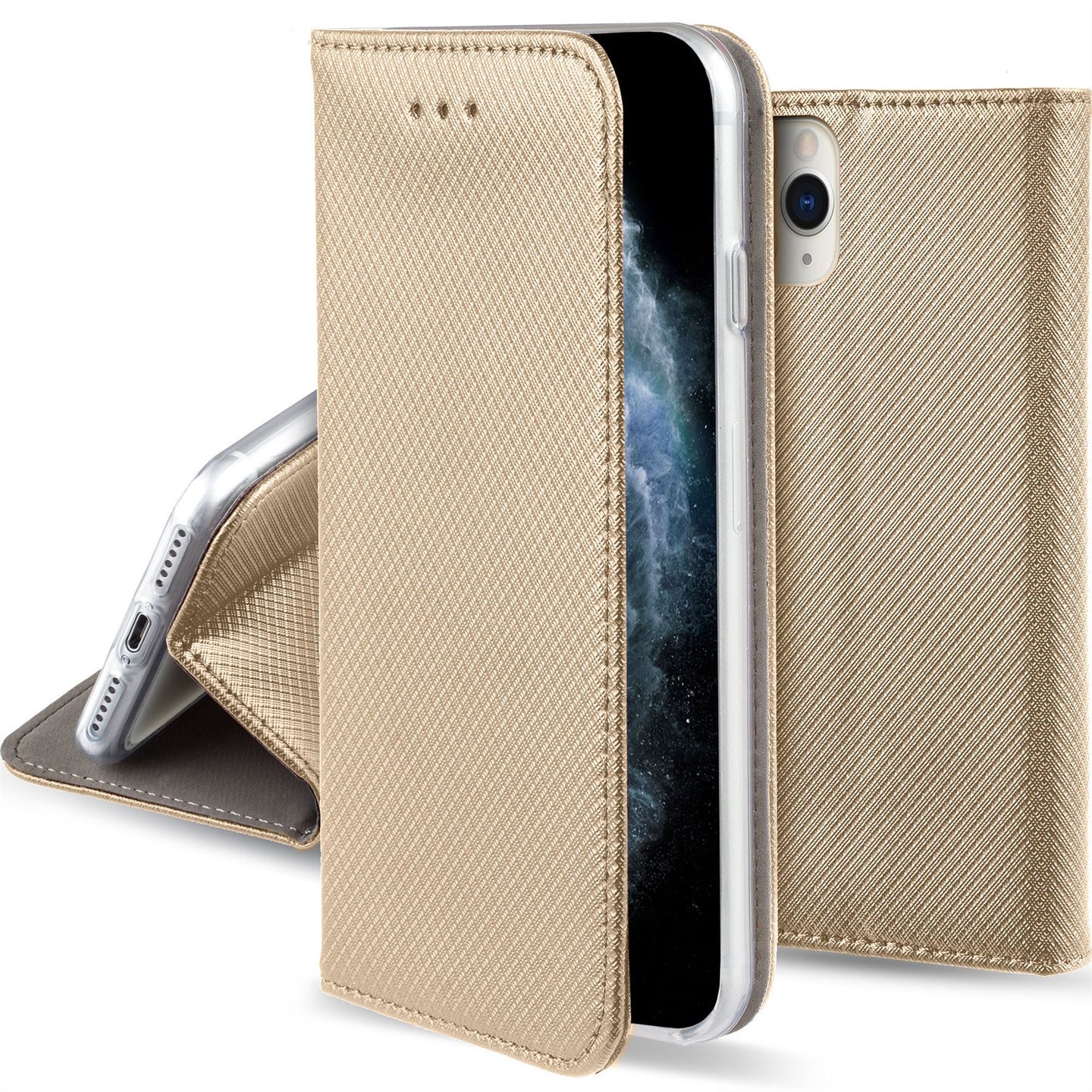 Moozy Case Flip Cover for iPhone 11 Pro, Gold - Smart Magnetic Flip Case with Card Holder and Stand