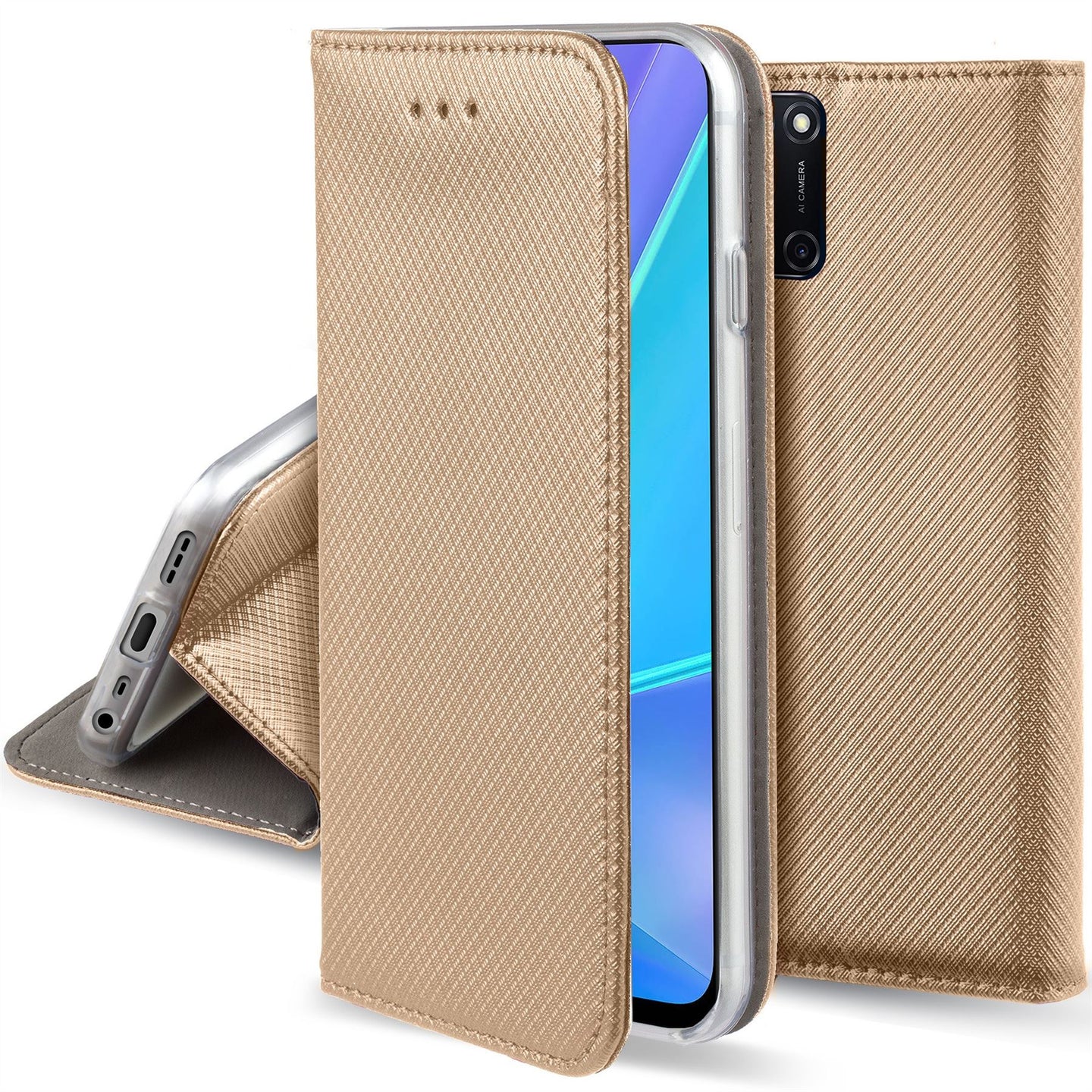 Moozy Case Flip Cover for Oppo A72, Oppo A52 and Oppo A92, Gold - Smart Magnetic Flip Case with Card Holder and Stand