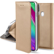 Lade das Bild in den Galerie-Viewer, Moozy Case Flip Cover for Samsung A40, Gold - Smart Magnetic Flip Case with Card Holder and Stand
